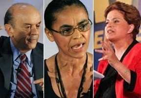 Os candidatos  Presidncia Jos Serra (PSDB), Marina Silva (PV) e Dilma Rousseff (PT)