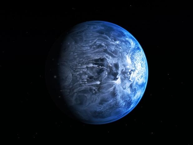 Impresso artstica do planeta azul HD 189733b mostra cores que lembram a Terra