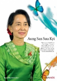 A Prmio Nobel da Paz Aung San Suu Kyi em poster da campanha contra a discriminao