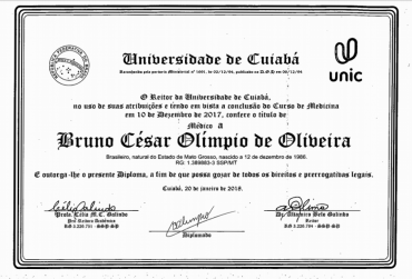 Diploma supostamente falso apresentado ao CRM de Mato Grosso.