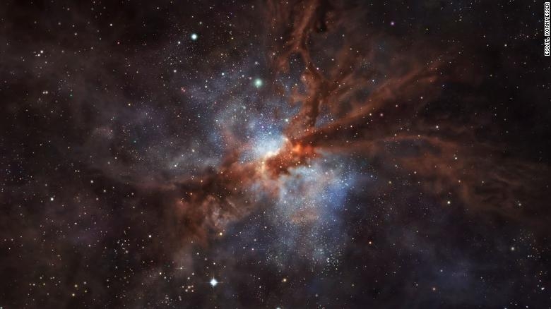 Representao artstica mostra uma distante galxia em formao de estrelas, a mais de 12 bilhes de anos-luz de distncia