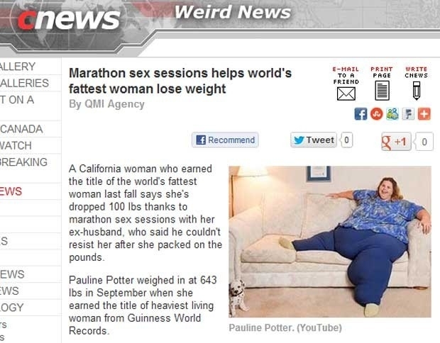 Reportagem relata o caso da mulher que diz que perdeu 50 quilos graas a maratona de sexo