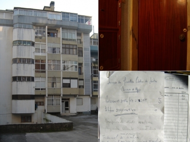O edifcio, a porta do apartamento de Augusta e documentos com pedido de buscas 