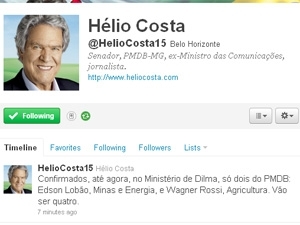 A mensagem de Hlio Costa no Twitter