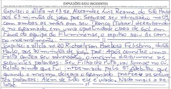 Reproduo de parte da smula de So Paulo 1 x 4 Fluminense escrita por Hber Roberto Lopes