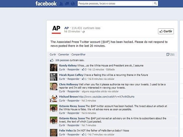 Reproduo da pgina da AP no Facebook confirmando o ataque  conta da agncia