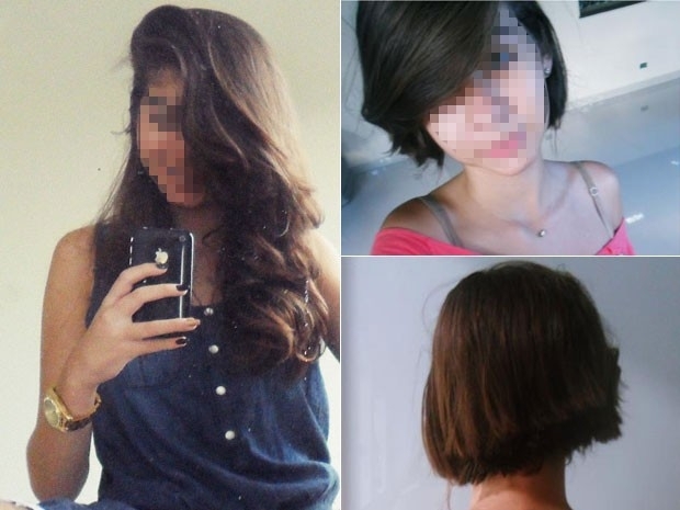Jovem mostra o cabelo antes e depois do roubo