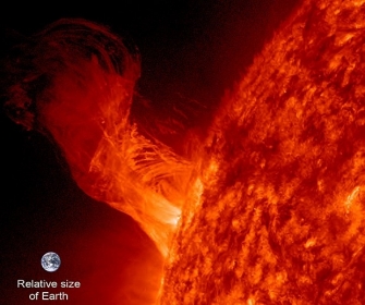 Erupo solar registrada na segunda  comparada acima ao tamanho da Terra
