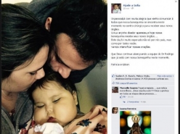 Pgina em rede social anunciou cirurgia de Sofia, nos EUA