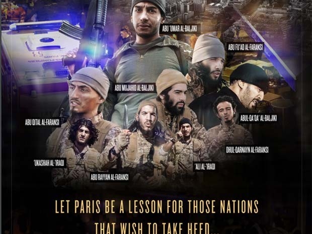 Pster publicado na revista do grupo Estado Islmico mostra jihadistas dos ataques de novembro em Paris