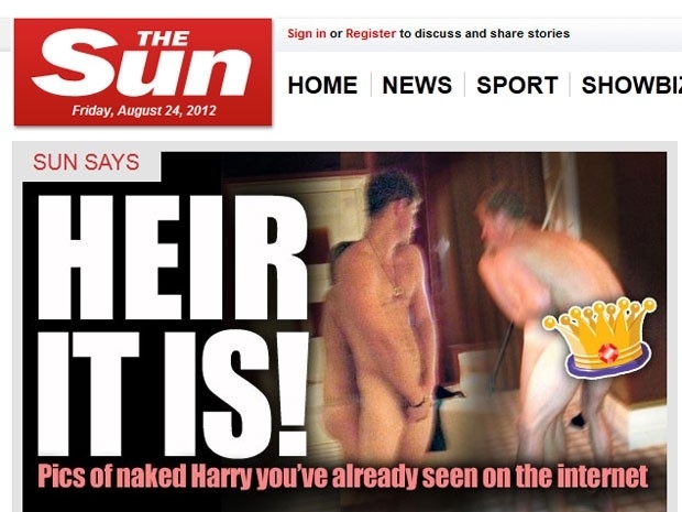 The Sun exibe na pgina principal de seu site as fotos do prncipe Harry nu