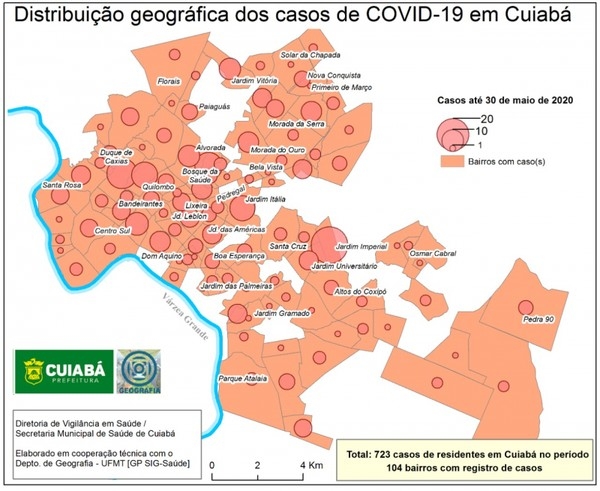 Casos de Covid-19 esto em 84% dos bairros de Cuiab  Foto: Prefeitura de Cuiab e Departamento de Geografia da UFMT