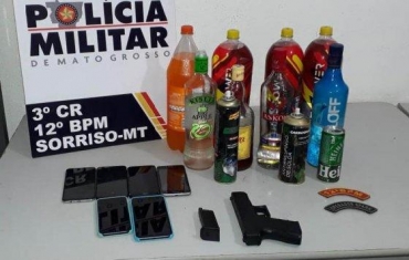 Alm de bebidas, policiais apreenderam dois spray de antirrespingo de solda, um solvente qumico