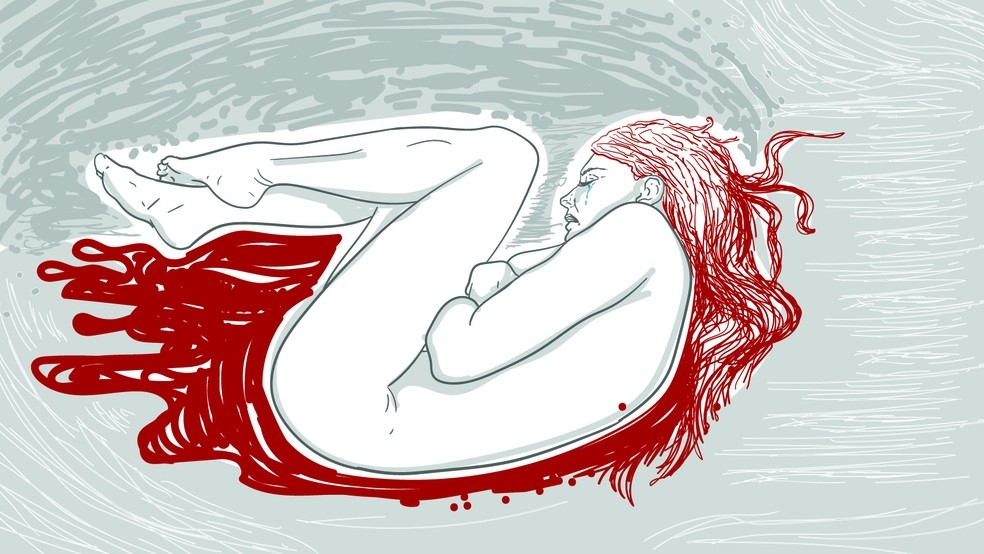 Aborto inseguro: ilustrao mostra mulher encolhida no cho com dor  Foto: Wagner Magalhes/G1