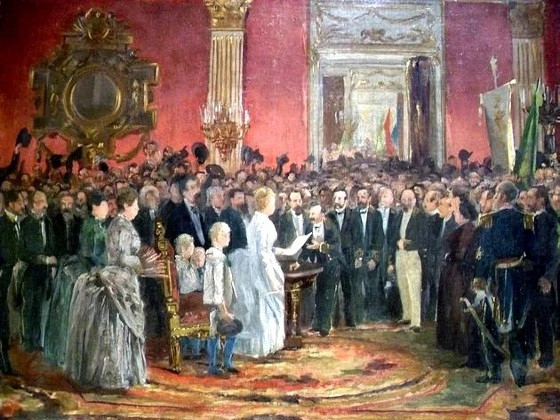 Quadro de Victor Meirelles, em que a princesa Dona Isabel entrega a Lei urea assinada ao Baro de Cotegipe declarando extinta a escravido no Brasil