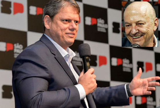 O governador Tarcsio de Freitas e o vice-governador Otaviano Pivetta (detalhe) so do mesmo partido, o Republicanos. Relao preocupa bolsonaristas em MT