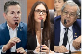 O governador Mauro Mendes, a deputada estadual Janaina Riva e o senador Jayme Campos: corrida ao Senado