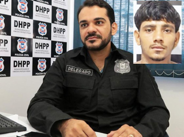 O delegado Caio Albuquerque, da DHPP, e o assassino do motorista de aplicativo, Ackel Campos (detalhe), que foi preso na semana passada