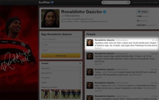 Ainda rubro-negro no Twitter, Ronaldinho posta mensagem de