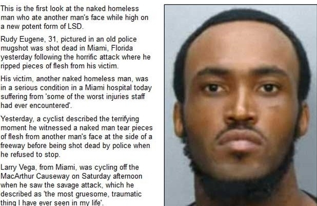 Rosto de Rudy Eugene, 31, homem que teria comido o rosto de outro em Miami (Foto: Reproduo)