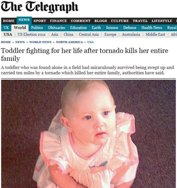 Beb sobreviveu ao tornado nos EUA