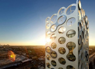 A fachada do edifcio prover proteo do sol, alm de servir de suporte para turbinas elicas