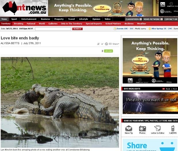 Turistas flagraram crocodilo devorando outro em parque na Austrlia.