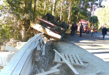 Caminho carregado com material de construo capotou e bateu em uma rvore