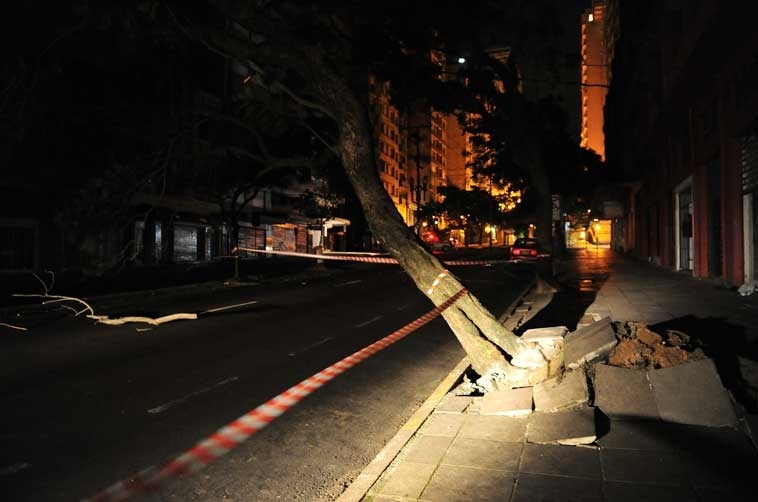 Galhos de rvore se projetaram sobre a calada, entre as ruas Demtrio Ribeiro e Fernando Machado