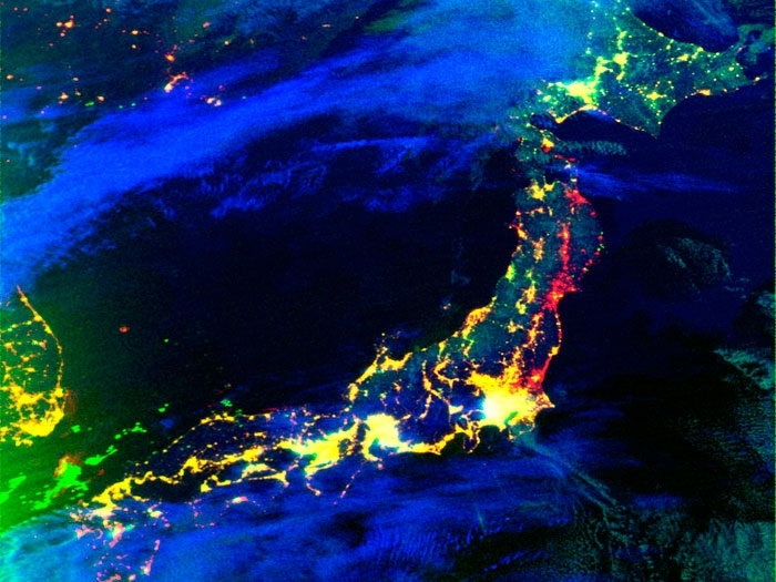As reas vermelhas indicam as regies que ficaram sem luz em 2011 no Japo, mais concentradas em Sendai e Tquio